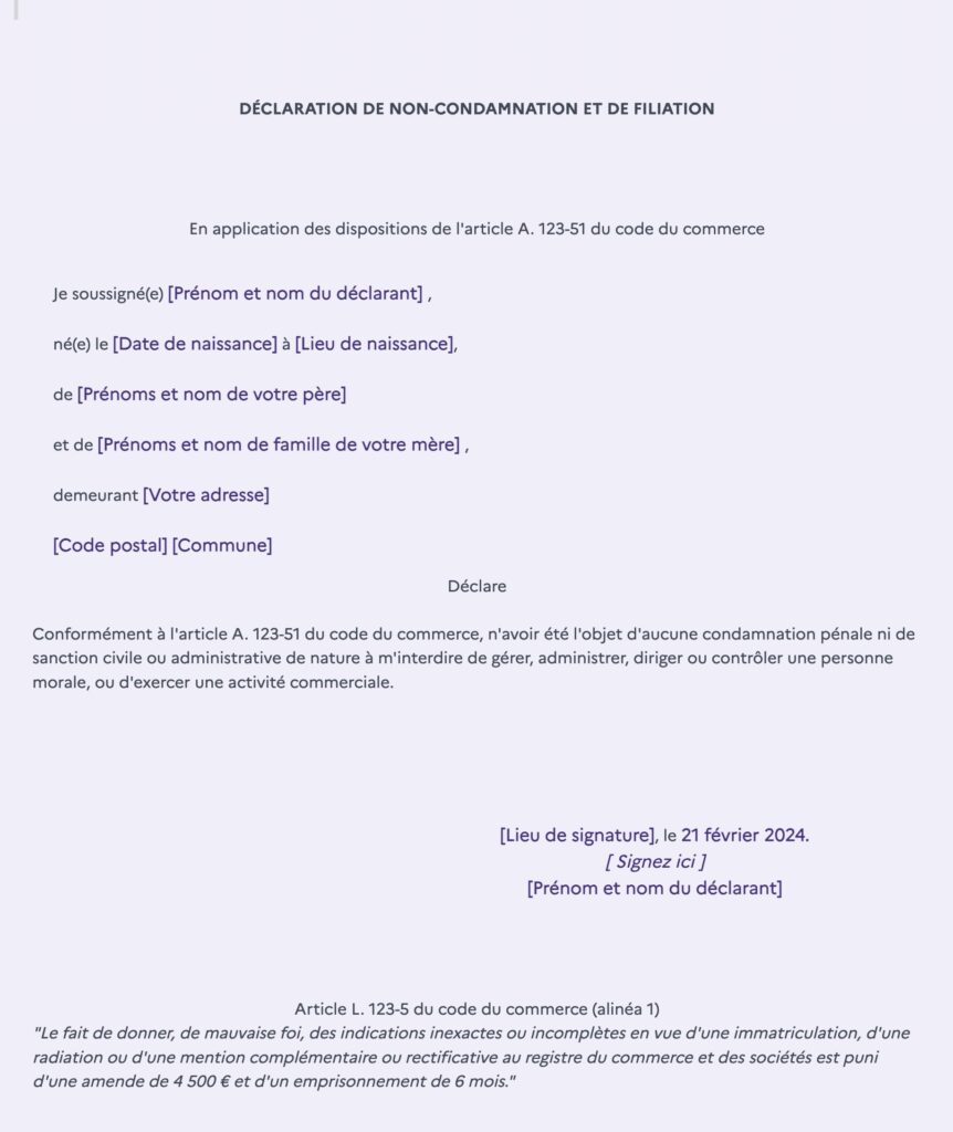 modèle de déclaration sur l'honneur de non-condamnation