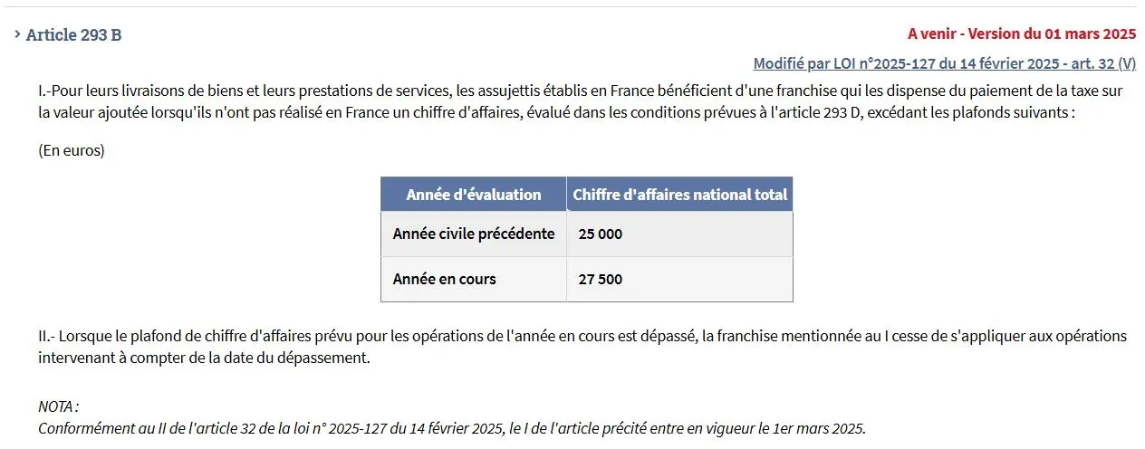 articles 293-0 B à 293 F baisse des seuils de TVA à 25 000 €