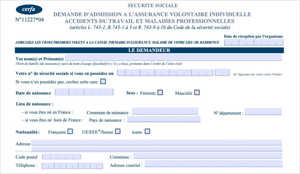 Formulaire d'admission à l'assurance volontaire AT/MP en micro-entreprise