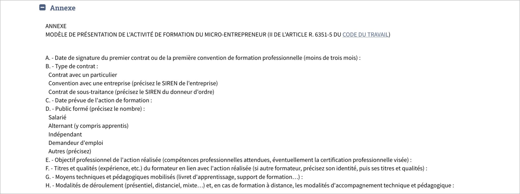 Modèle officiel présentation organisme de formation micro-entrepreneur